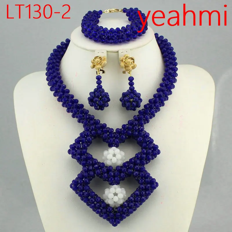

New Nigerian Crystal Beads Necklace Jewelry Set African Handmade Royal Blue Style Wedding Jewelry Set LT130-1