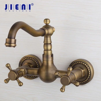 JIENI Swivel Spout Antique Brass Bathroom Basin Sink Mix Tap Dual Handles Wall Mounted Kitchen Basin Sink Mixer Faucet