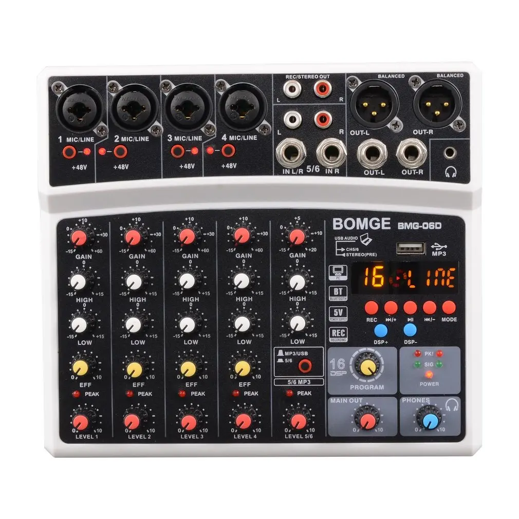 

Wireless 6-Channel Audio Mixer Portable Sound Mixing Console USB Interface Computer Input 48V With 16 DSP Echo Power Mixers