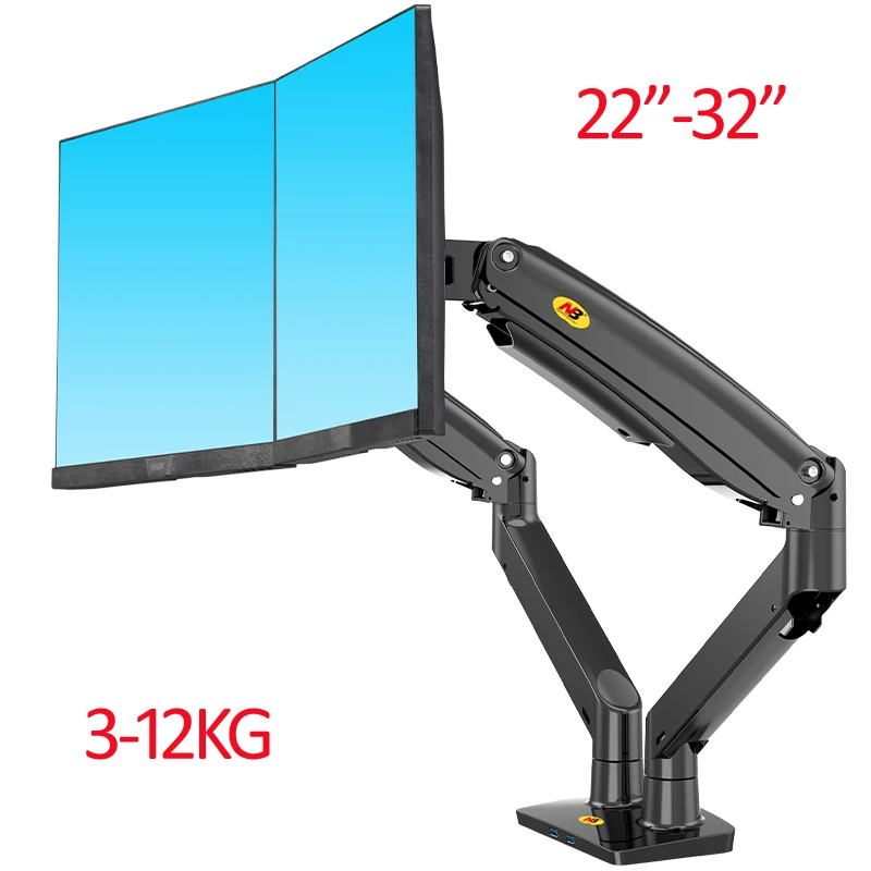 

NEW NB F195A 3-12kg Aluminum 22-32" Dual computer screen stand Gas Spring Arm Full Motion double PC Monitor Holder Support