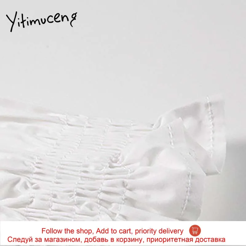 

Yitimuceng White Blouse Women Button Up Ruched Shirts Straight Puff Sleeve Unicolor Clothes 2021 Spring Korean Fashion New Tops