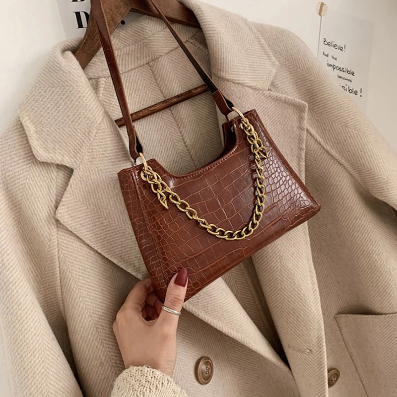 

High-quality Gold Chain Design Shoulder Bags for Women 2021 Crocodile Pattern Lady Crossbody Handbags Female Travel Hand Bag