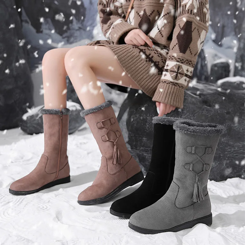 

Warm Snow Boots Women Winter Wedges Low Heels Knee High Boots Female Long High Boots Lady Platform Fur Plush Shoes Woman Black