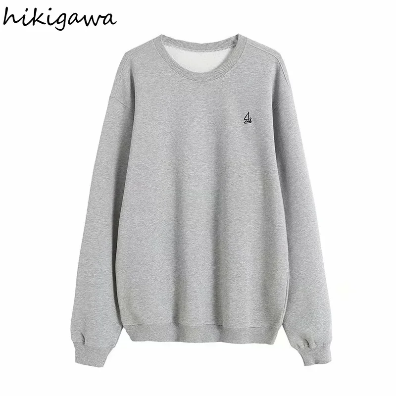 

Толстовка Hikigawa, корейские простые флисовые пуловеры с длинным рукавом и круглым вырезом, модные однотонные женские свитера для офиса