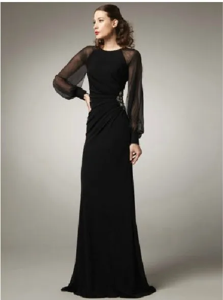 Бесплатная доставка Дешевые robe de soiree 2014 Новая мода черный длинный рукав Кафтан