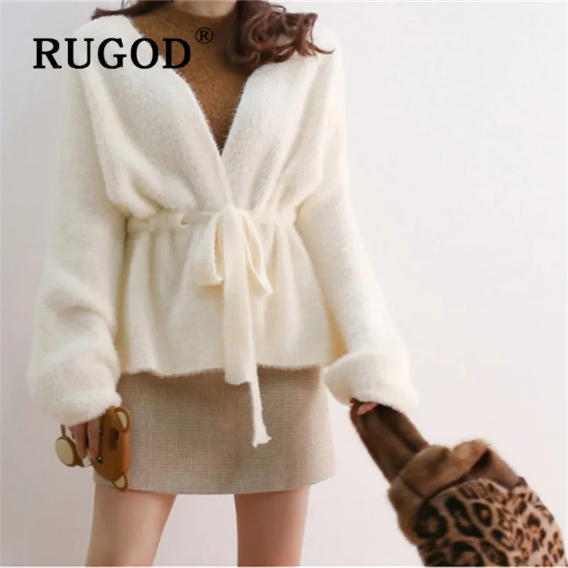 RUGOD Fuzzy Cardigan Belt Collect Waist Sweater Womens Sweaters 2019 Winter Tops For Women Knitwear Fashion Kpop Clothes |