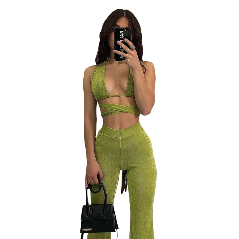

Women Beach Outlet 2021 May Female Fashion Cover Up Summer New Sexy Hollow Out Bootleg Slim Pants Suit Print Polyester Wear