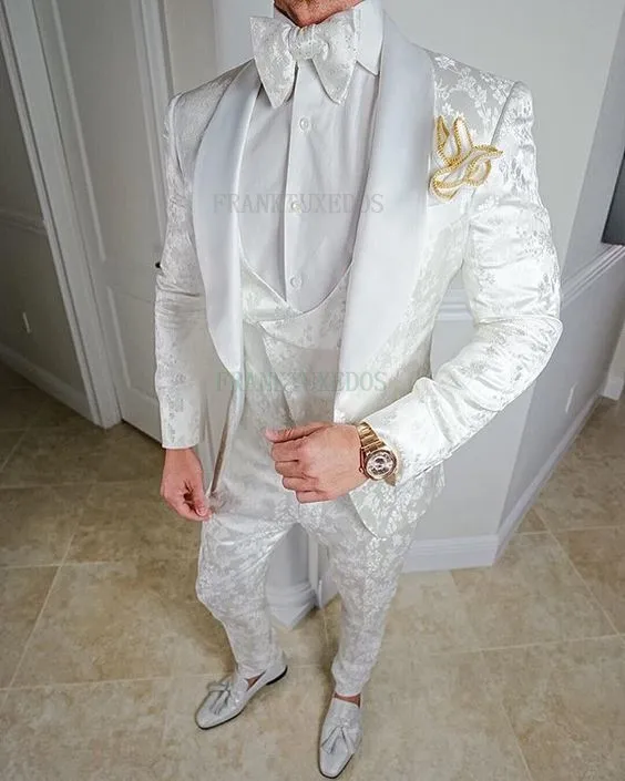 Conjunto de 3 piezas de esmoquin de Jacquard para hombre, traje ajustado con solapa, color blanco puro, para boda y graduación