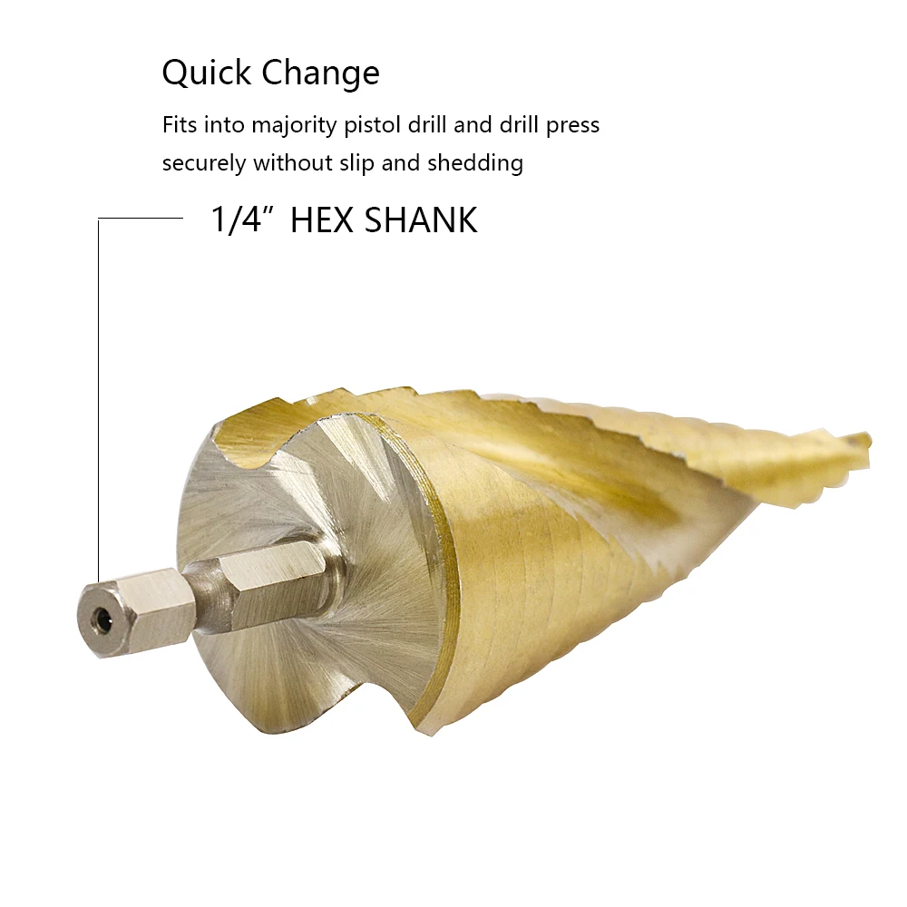 

3pcs Core Step Drill Bits Hex HSS Titanium Coated Spiral Grooved Step Drill Bit Set Cone Drill Hole Cutter Bit Set 1/4 Hex Shank