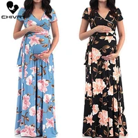chivry maternity dress women floral print short sleeve v neck maxi long dress pregnant casual clothes summer maternity dress
