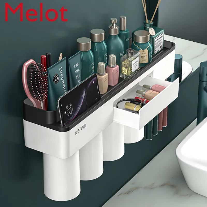 

Toothbrush Rack Free Punch Mouthwash Cup Magnetic Bathroom Wall-Mounted Toothpaste Dispenser Storage Set Toothbrush Holder Wall