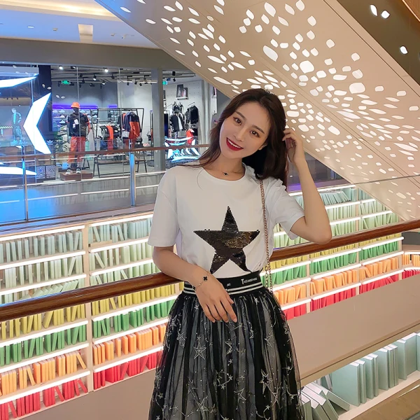 Новинка 2020 весенне летние модные женские комплекты пентаграмма блестки футболка