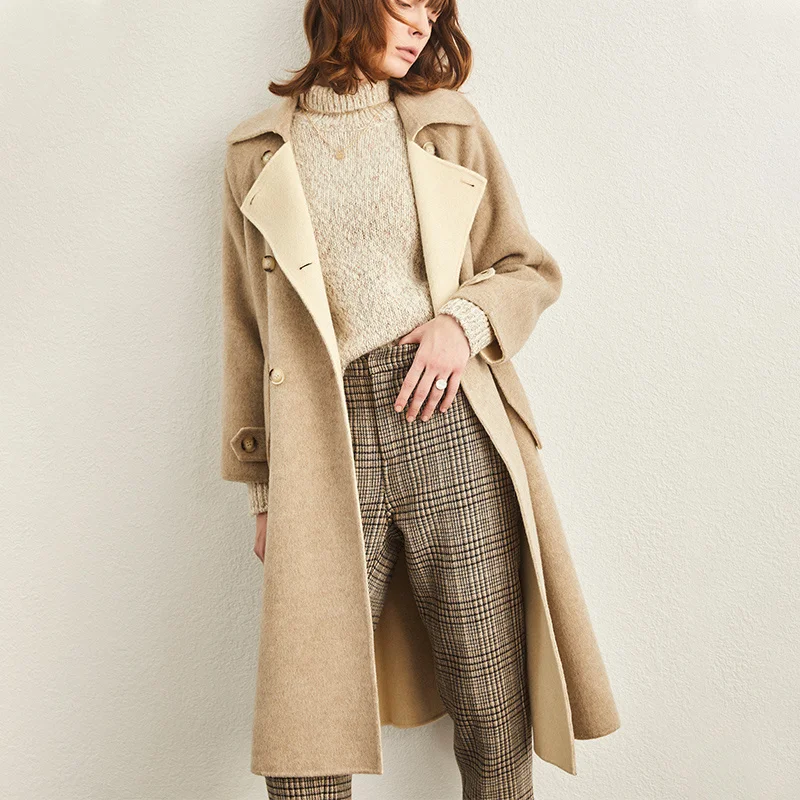 

Lace up double-sided tweed coat women's 2021 winter new medium length high-end popular Hepburn zero cashmere coat