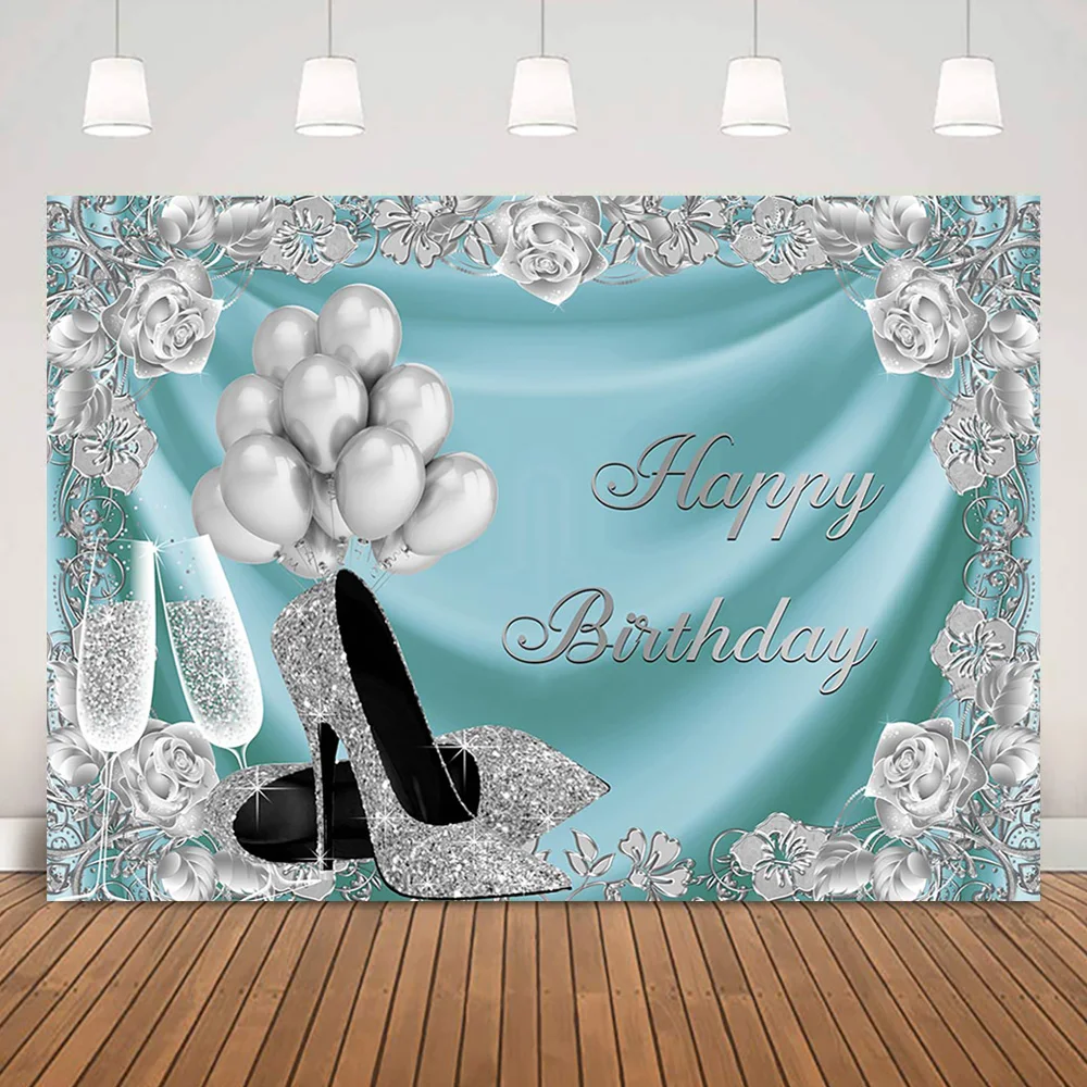 

Женский фон для дня рождения с серебряными цветами воздушные шары блестящие украшения для вечеринки на высоком каблуке Дамские девушки ден...