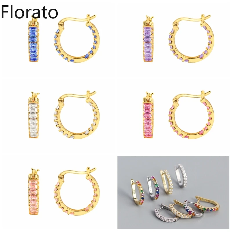 

925 Sterling Silver Bohemian Geometry Earring for Women Simple Color Crystal Huggies Piercing Hoop Earrings Fine Jewelry A45