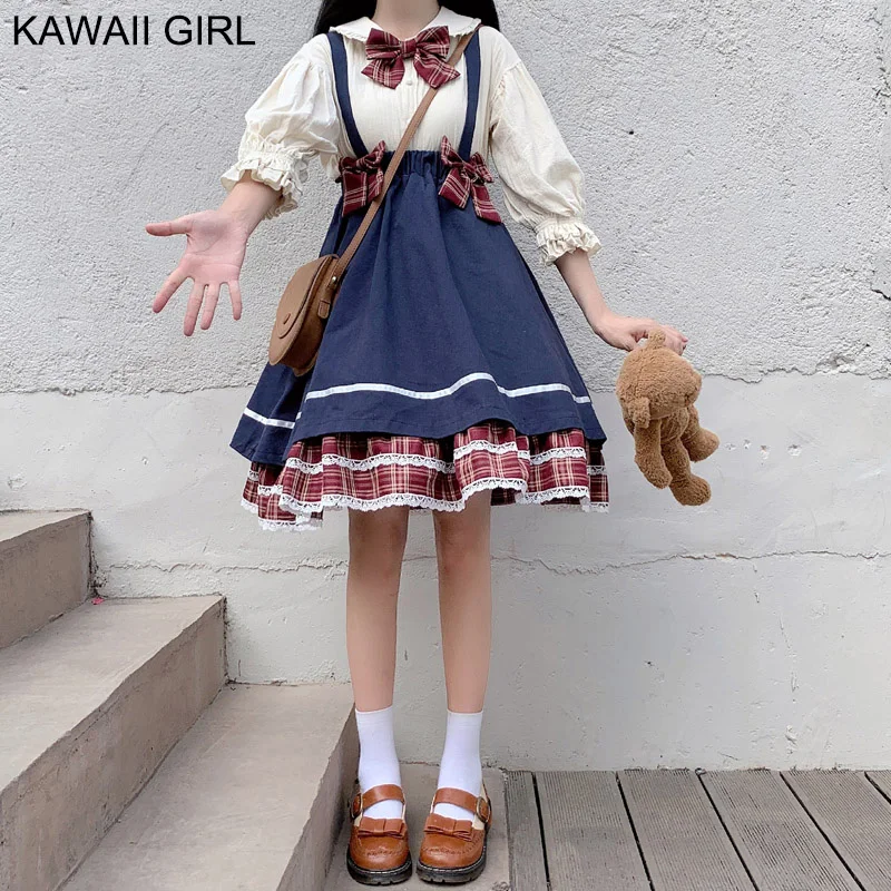

Комплект из 2 предметов в японском стиле колледжа, женское милое платье на бретельках с бантом и вышивкой, топ с кукольным воротником для девочек, юбка Лолиты, костюм