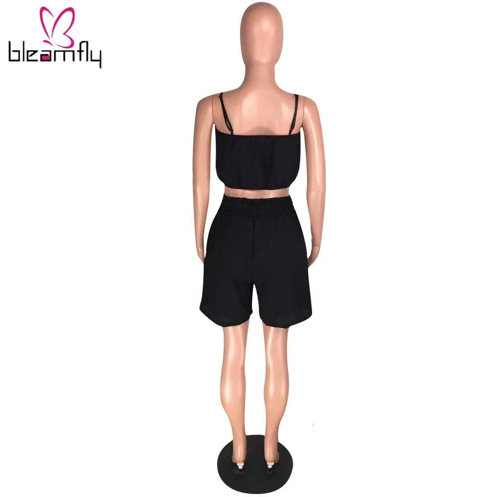 2019 Женский Летний Новый черный однотонный короткий топ с бретельками и шорты