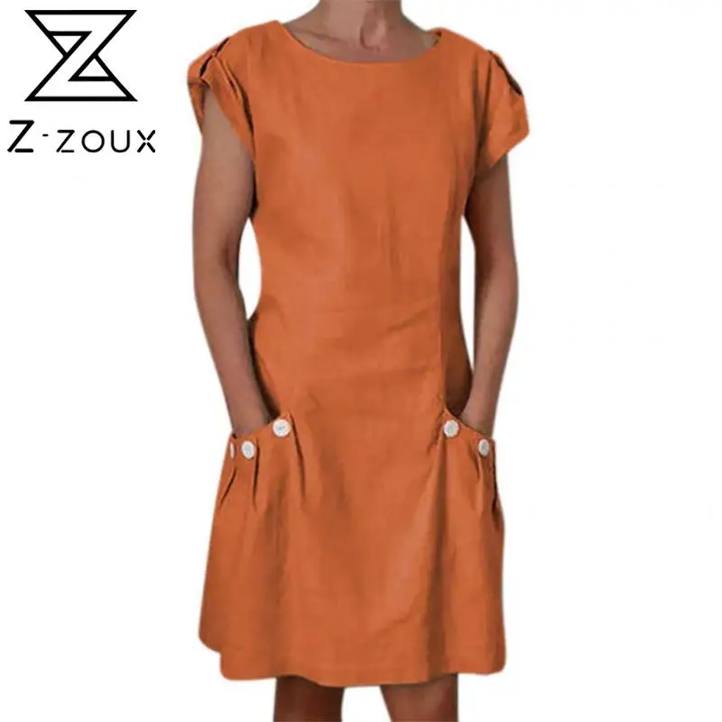 Женское однотонное платье Z ZOUX из хлопка и льна с коротким рукавом Свободные