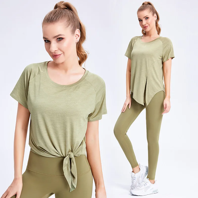 

Antibom Yoga Shirt Women Summer Short Sleeves Sports Top Loose Breathable Quick-dry Activewear Tie Waist Workout Running Solid