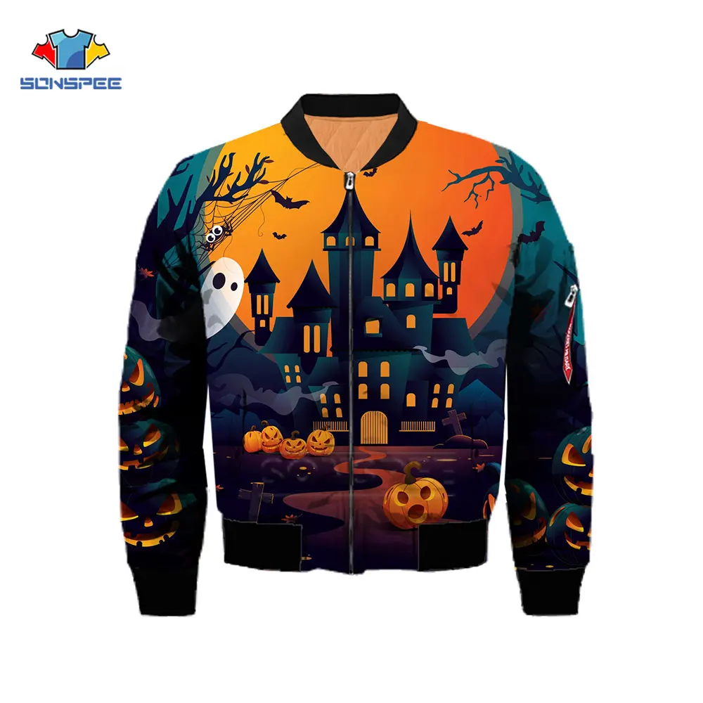 

SONSPEE Horror Ghost Castle Parkas 3D Print Pumpkin Lanterns Witch Flight Jacket Winter Keep Warm Hip Hop Thick Halloween Coats