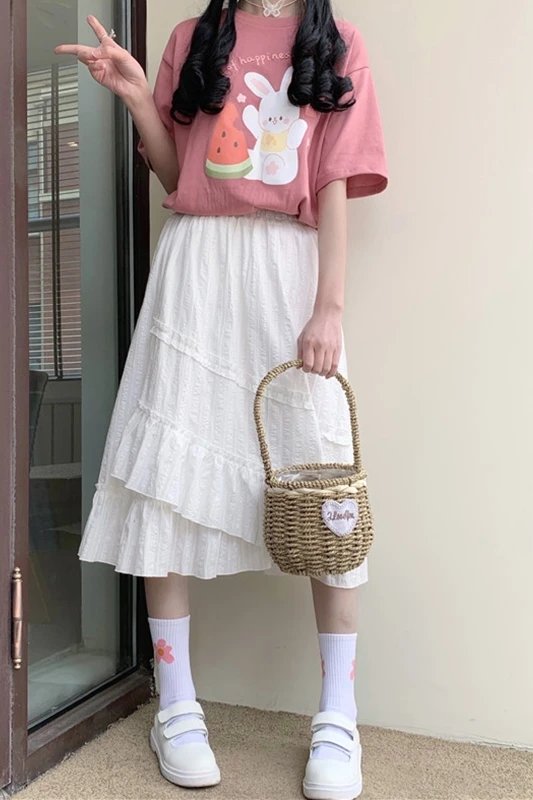 

Sannian Women skirts 2020 New Summer College Style White Skirt Irregular Design Niche Jacquard Lolita Kawaii Skirt Women Clothes