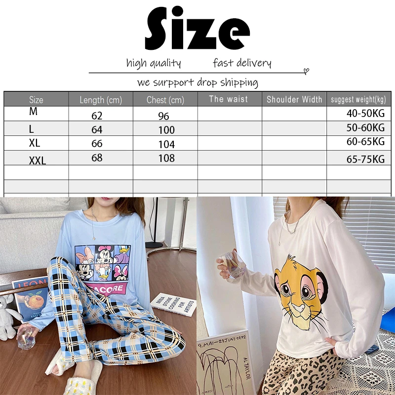 Disney Women Pajamas Set Silk Cotton Girls Cartoon Mickey Minnie Sleepwear Tops Pants Home Clothing Pyama Woman Ropa Mujer | Женская
