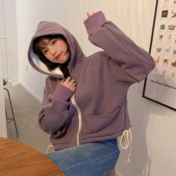 

5 Colors New Spring Preppy Women Sweatshirt Solid Color Hoodie Female Short Rabbit Wool Cloth Zip-up Sweatshirts Mujer