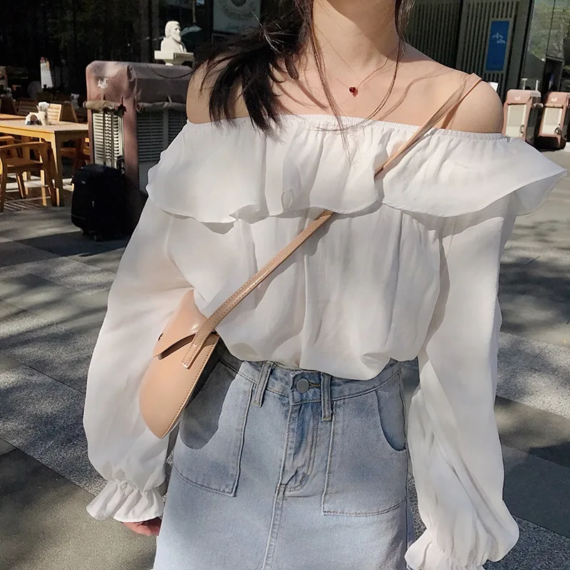 

Fashion Women Long Sleeve Chiffon Shirt Solid Color Off the Shoulder Loose Casual Style Slash Neck Top