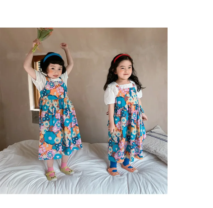 

Girl summer new print sling dress Children Flowers sleeveless dress Kids birthday party clothes Sisters dress