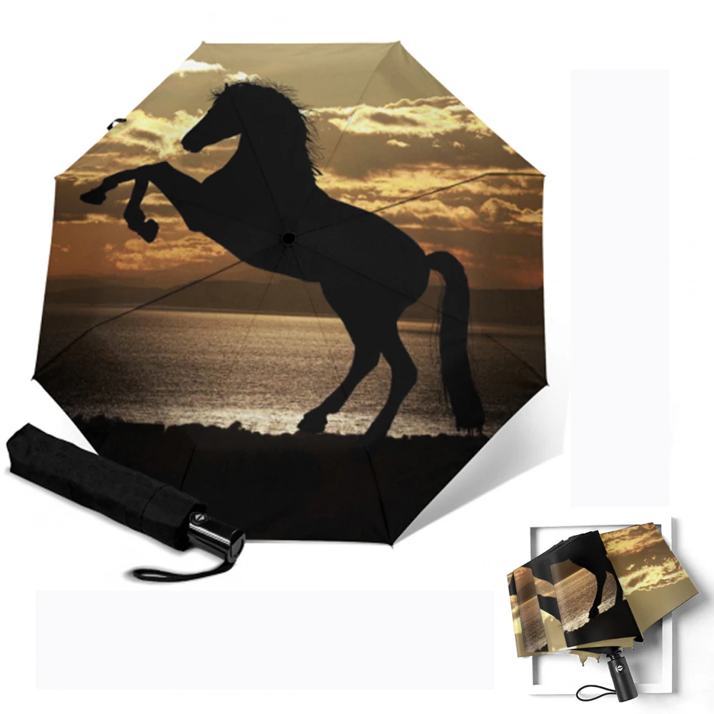 Зонт с принтом лошади 3 сложения ветрозащитный полностью автоматический | Дом и