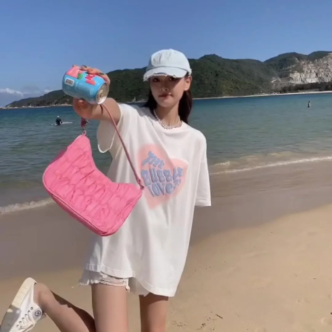 

Top mid-length loose love foam printing short-sleeved T-shirt women's bottoming shirt all-match round neck