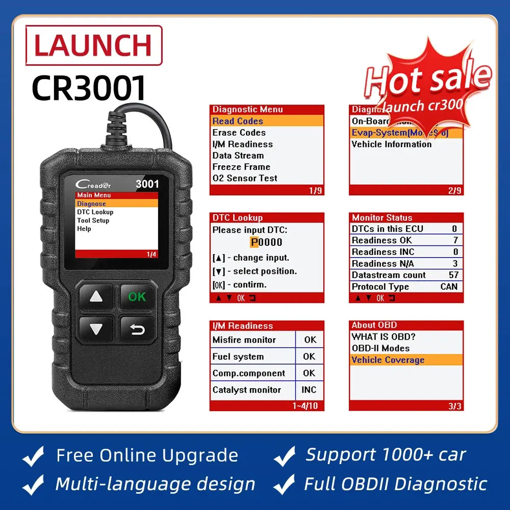 

LAUNCH CR3001 Full OBD2 OBDII Code Reader Scan tool OBD II X431 Creader 3001 Car Diagnostic tool PK AD310 NL100 OM123 Scanner