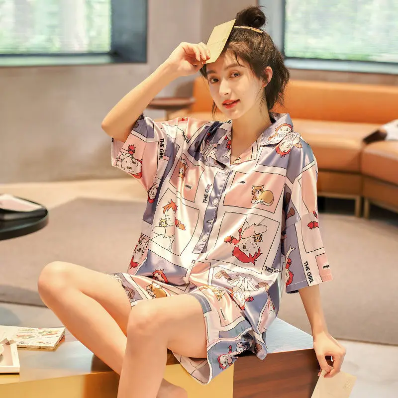 Pajamas for Women Summer Suit Ice Silk Short-sleeved Two-piece Suit Cute Cartoon Sweet Loose Home Clothes Outside Sleepwear