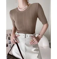 Elegant round Neck Elbow Sleeve Sweater Women's 2021 Autumn New Slim Half Sleeve Bottoming Shirt