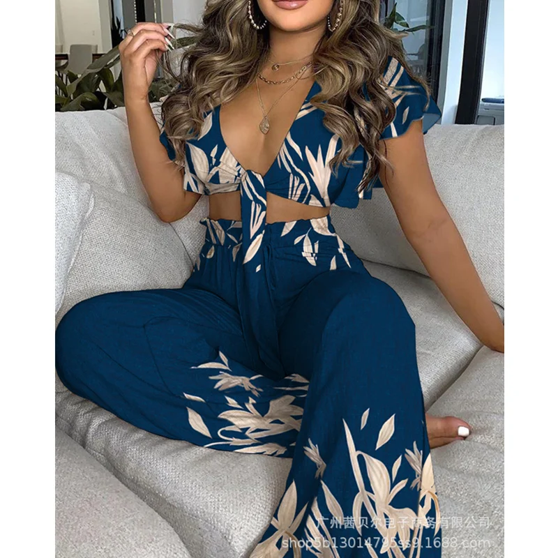 

WEPBEL Women Outfits Trousers Set Ladies Elegant Summer Print Crop Top + Drawstring High Waist Flare Long Pants Two Piece Set