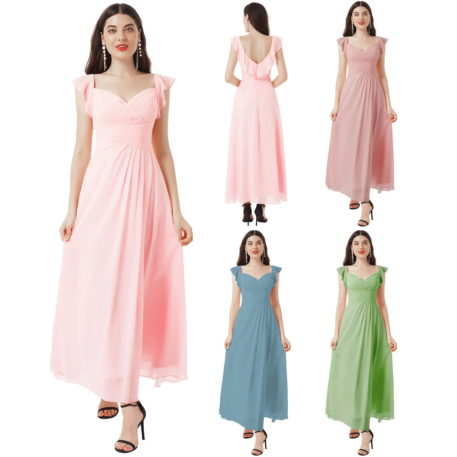 

Bridesmaid Dresses Sexy Ladies V Neck Ruffle Sleeveless Long Dress Elegant Women Wedding Party Dresses Evening Prom Gown Vestido