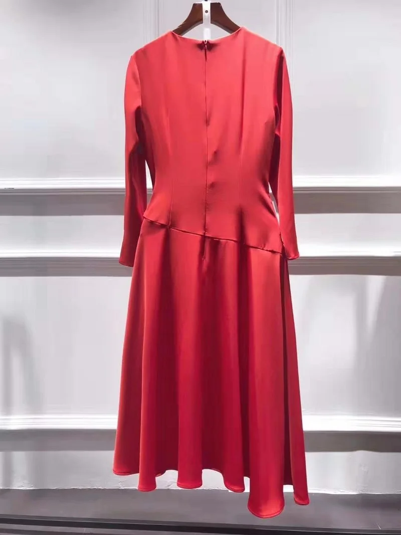 

Elegant Women Dress 2020 Spring Party Red Yellow Black Dresses Women O-Neck Pleated Patchwork Mid-Calf Length Long Sleeve Dress