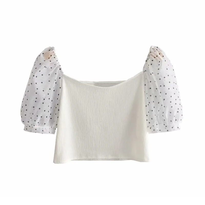 

Women style dot patchwork crop top V neck short puff sleeve short style stretchy shirt female elegant white blouses