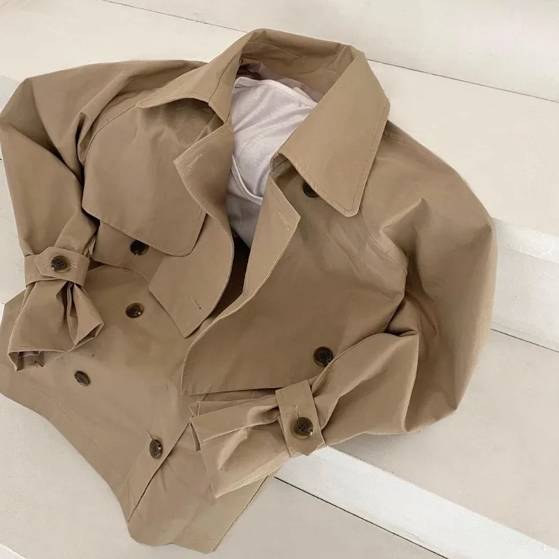 

Autumn British Style Short Windbreaker Coat Women Double Breasted High Waist A Line Slim Skirt Korean Clothes Matching Set