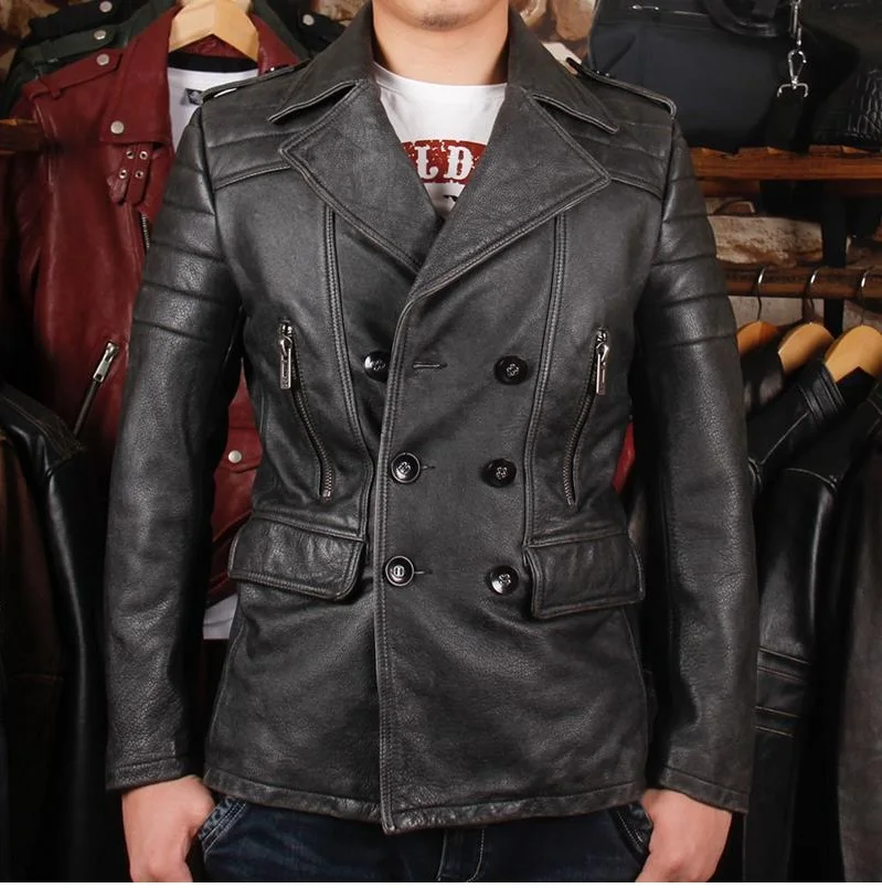 

Free style cool man thicker vintage cow leather long slim Jackets men's genuine Leather classic jacket.