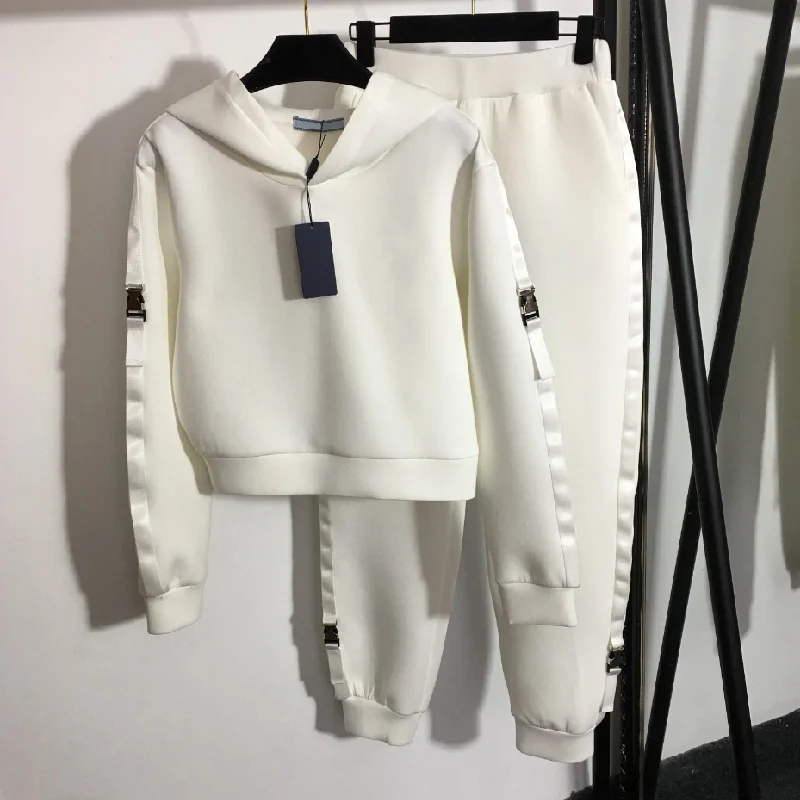 

2021 Luxury Design Women's space cotton comfort suit safety buckle webbing edge long sleeve Hoodie + elastic waist casual pants