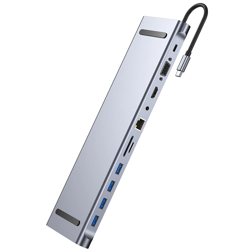 

Алюминиевая док-станция типа C для порта 11 в 1 Тип C для USB3.0X4 RJ45 (100 м) VGA PD AV SD TF серый