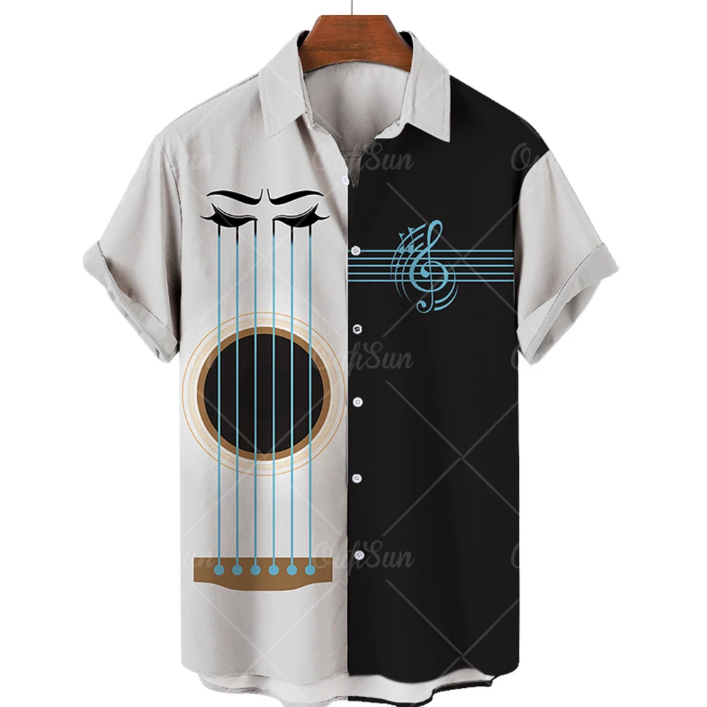 

Retro casual men's shirt summer fashion casual loose Hawaiian flower shirt short-sleeved one-button musical note shirt male Cami