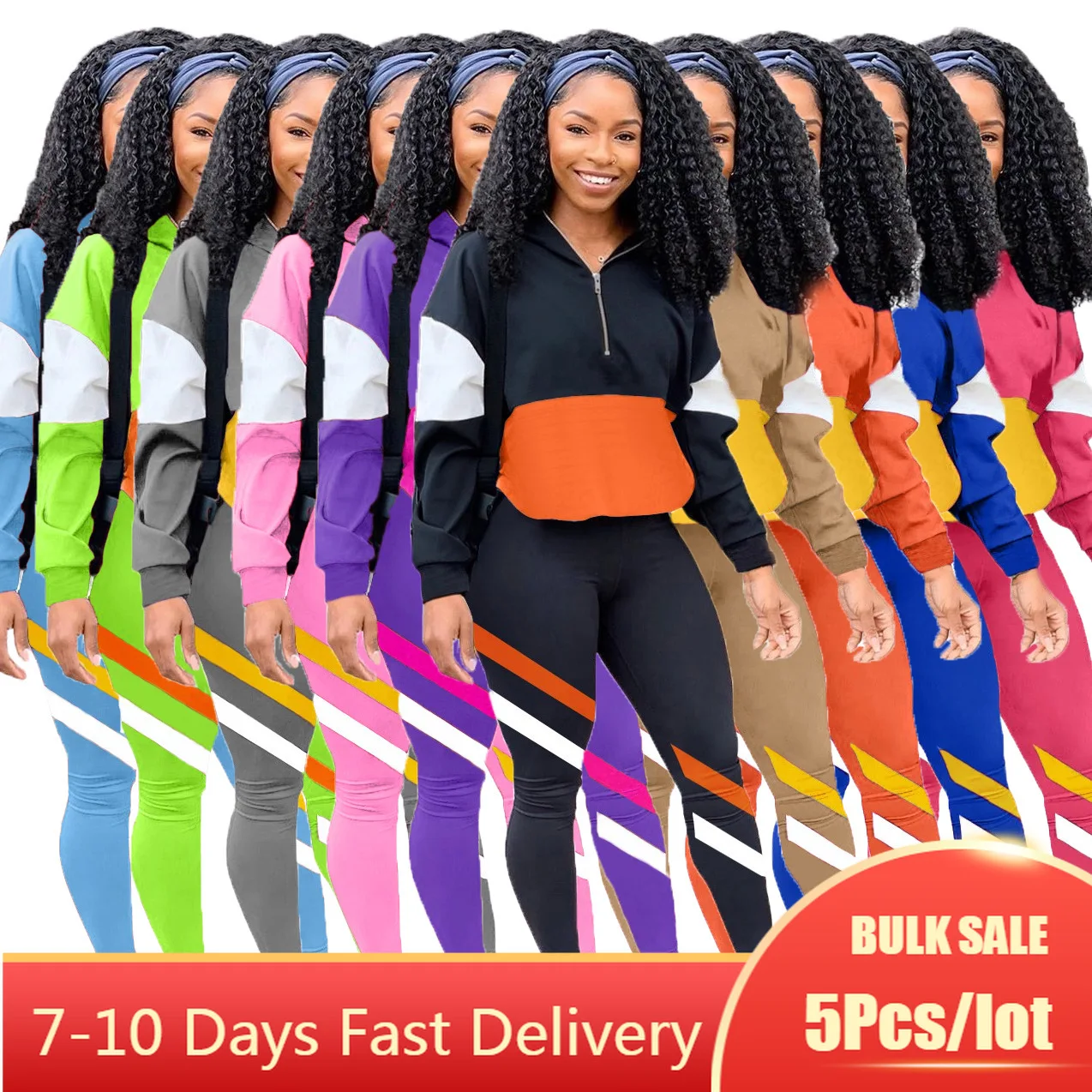 

5PCS Bulk Item Wholesale Lots Winter Women Tracksuit Patchwork 2 Piece Set Zipper Top Sweatpants Matching Suit for Women Outfits