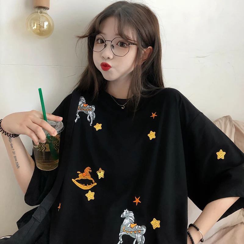 

Embroidered T Shirt Women's Cartoon T-shirt Short Sleeve Summer Female Tee Tops Plus Size Casual Loose Tshirts for Girls L1831