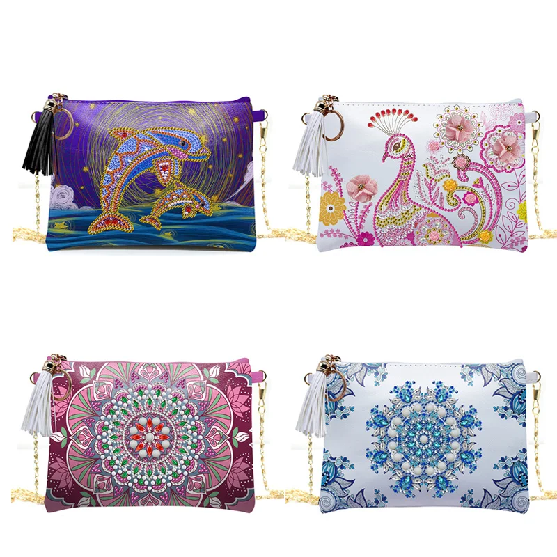 

New arrival diamond chain leather messenger bag animal pattern DIY diamond wallet for girlfriend gift
