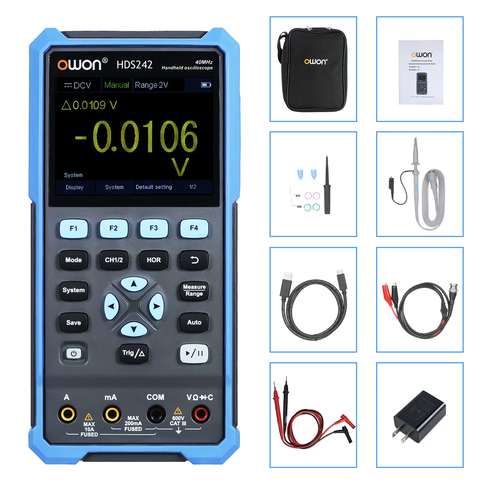 

OWON HDS242 /HDS272 Handheld Digital Oscilloscope 2 Channels with 70MHz Bandwidth Digital True-RMS Multimeter
