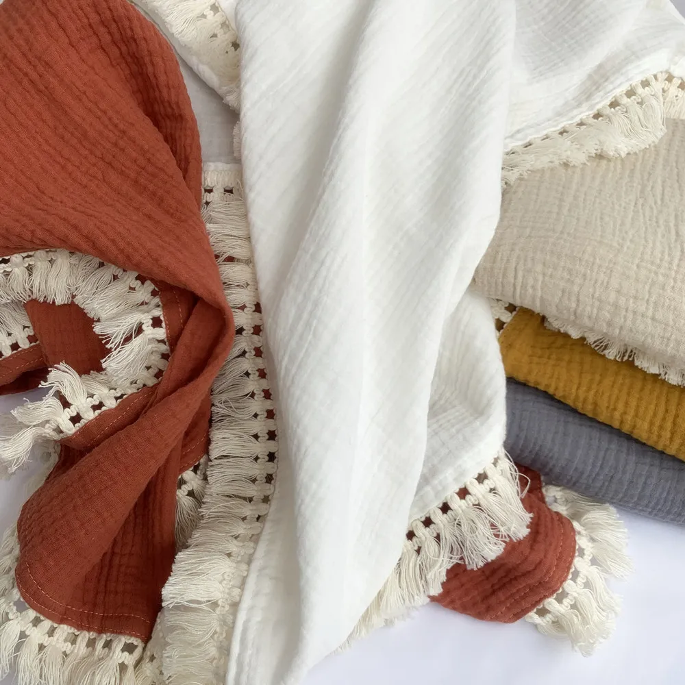 Cotton Muslin Baby Blankets Newborn Swaddle Wrap Blanket Tassel Cotton Baby Receiving Blanket Infant Sleeping Quilt Bed Cover
