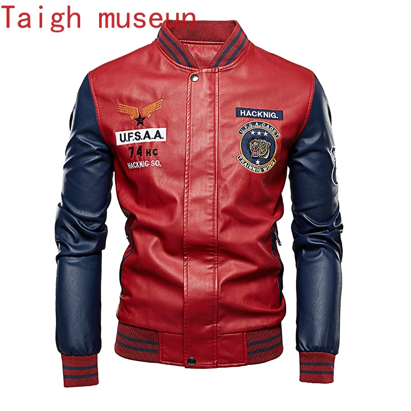 

Bomber Leather Jacket Men Baseball Jackets Biker Pu Coat Faux Pilot Varsity Fleece College Top Leather Black Slim Fit Motorcycle