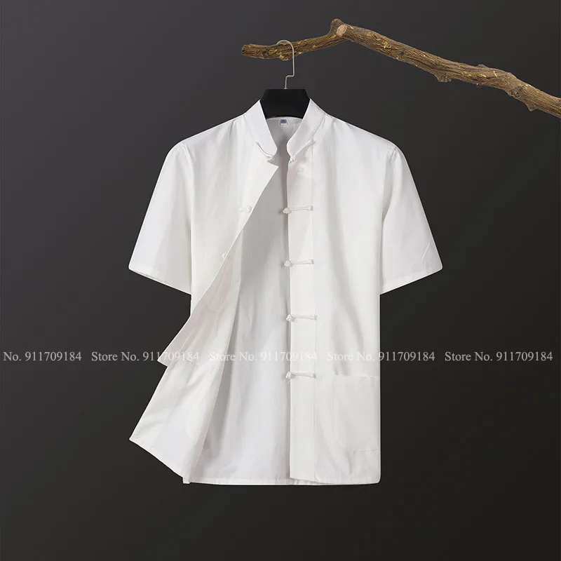 Chinese Style Men Short Sleeve Tops Tang Suit Retro Cotton Zen Tea Shirt Cheongsam Linen Casual Loose Blouse Oriental Clothing |